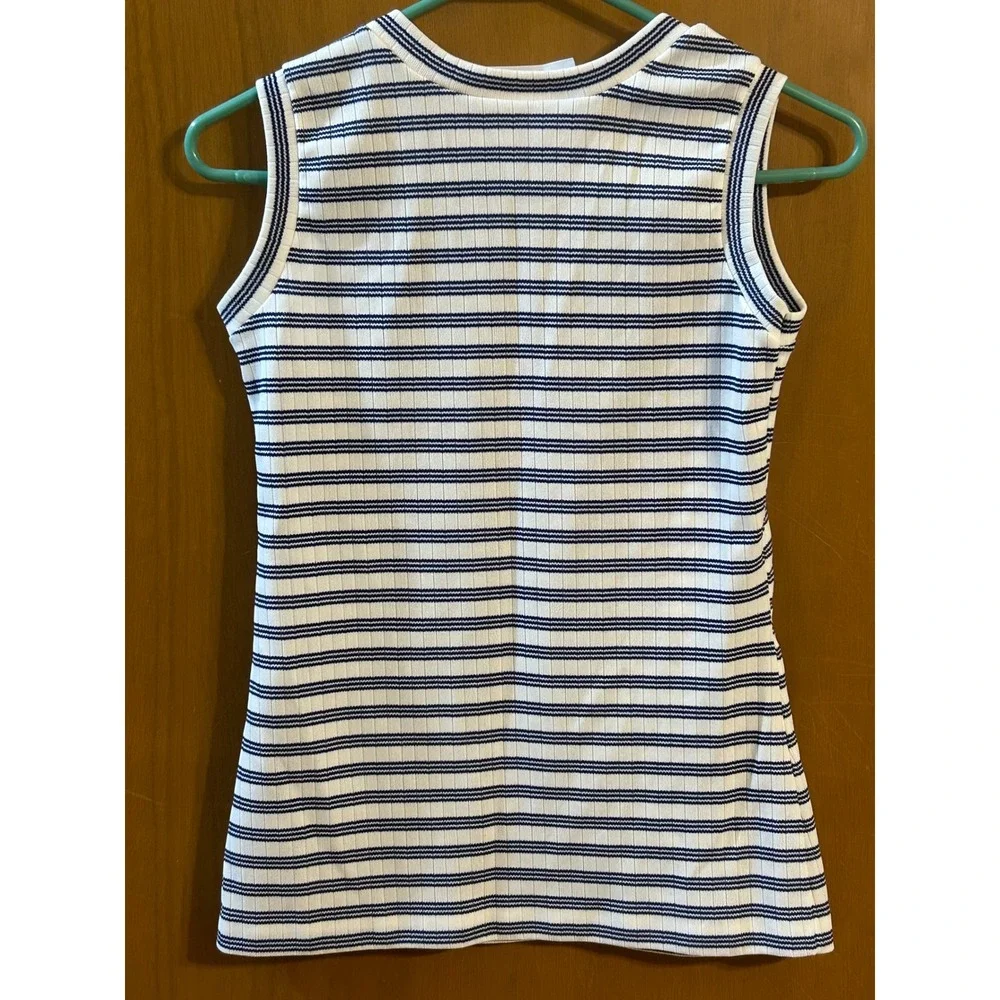 Lucky Tops Ribbed Striped Tank Top White‎ Navy Sleeveless Knit Top Size Small